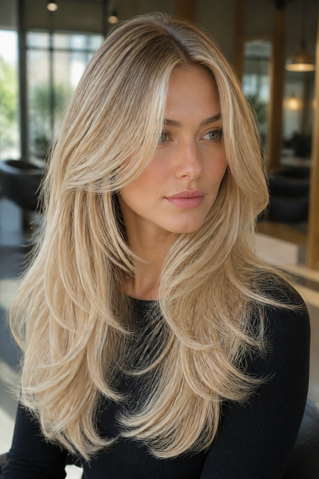 Portrait of a real woman with butterfly layers and a soft blowout in pale blonde tones