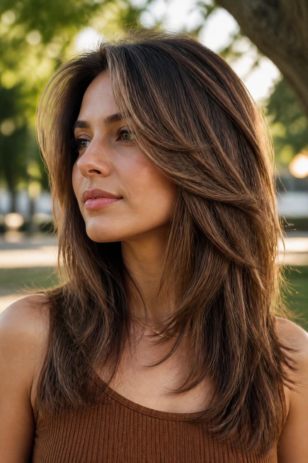 Close-up portrait of a real woman with butterfly layers starting below the cheekbone in sunny outdoor light