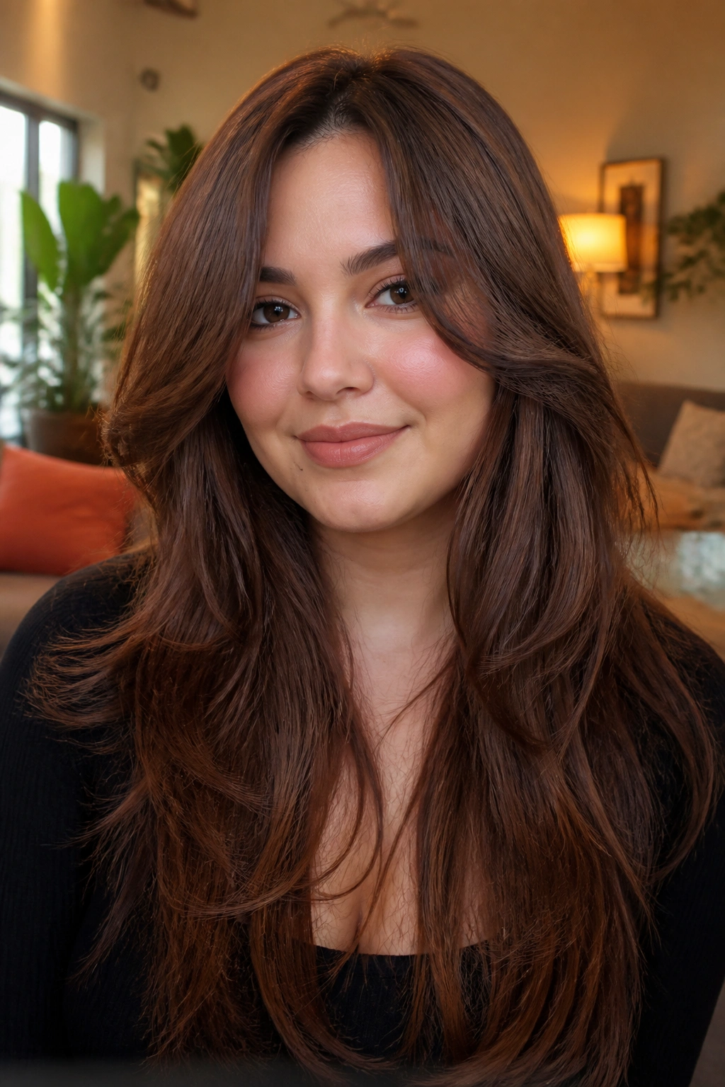 Close-up of a real woman with butterfly layers in chestnut brown hair