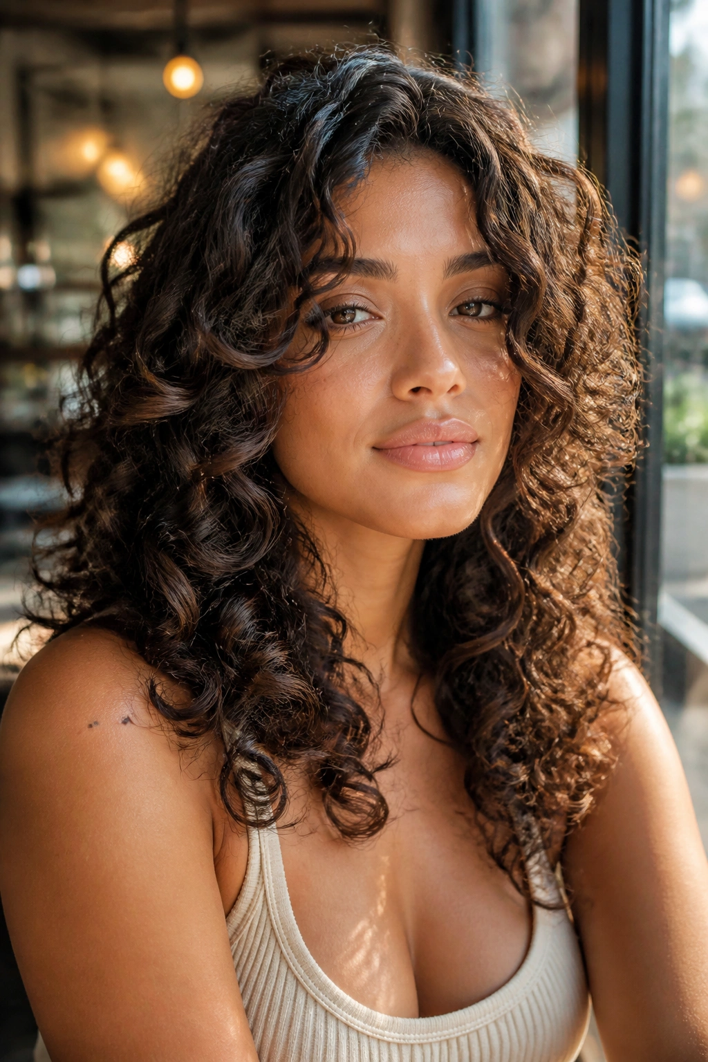 Real woman with butterfly layers framing the face, curls around the cheeks.