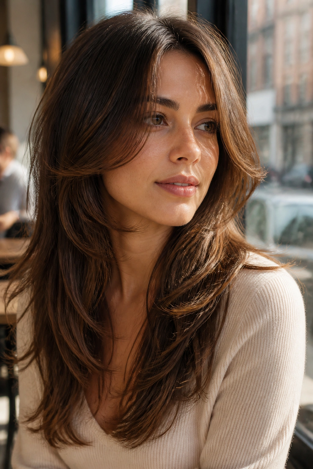 Real person portrait with butterfly layers and soft face-framing in a cafe setting