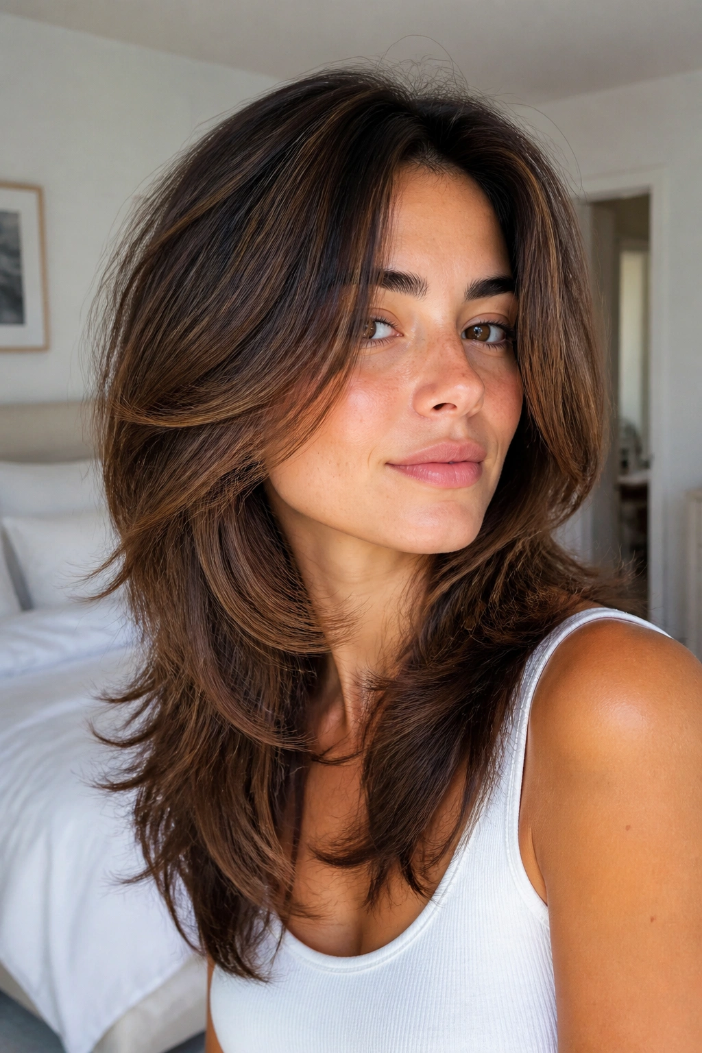 Close-up portrait of a real person with butterfly layers framing the face on thick hair