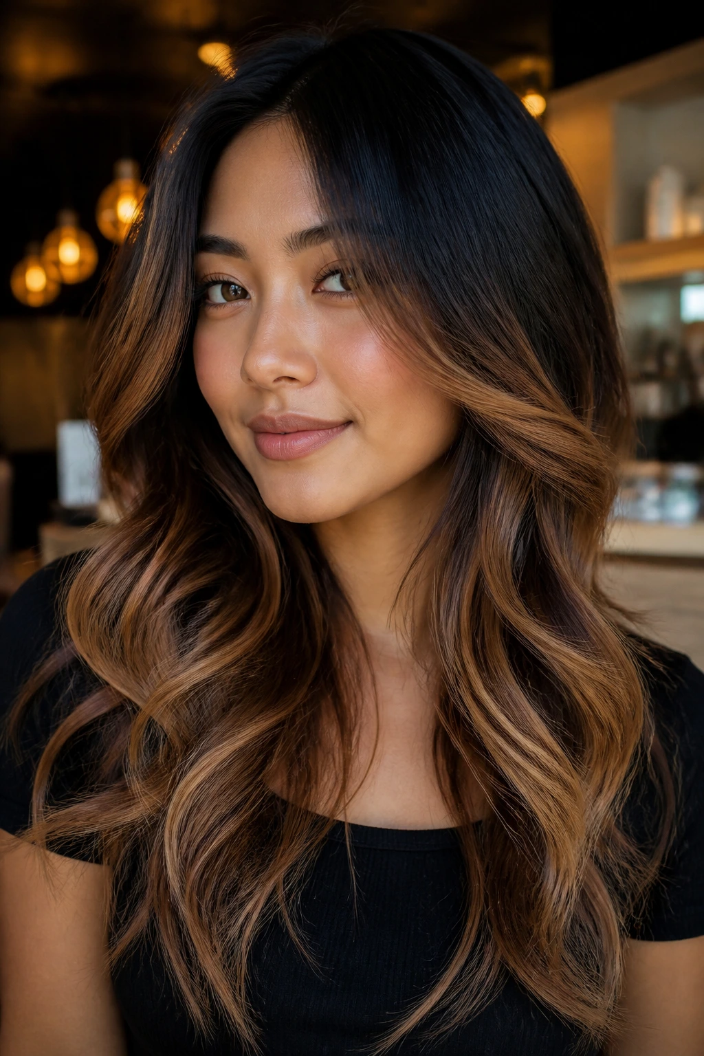Portrait of a real woman with black-to-dark honey ombre and butterfly layers.