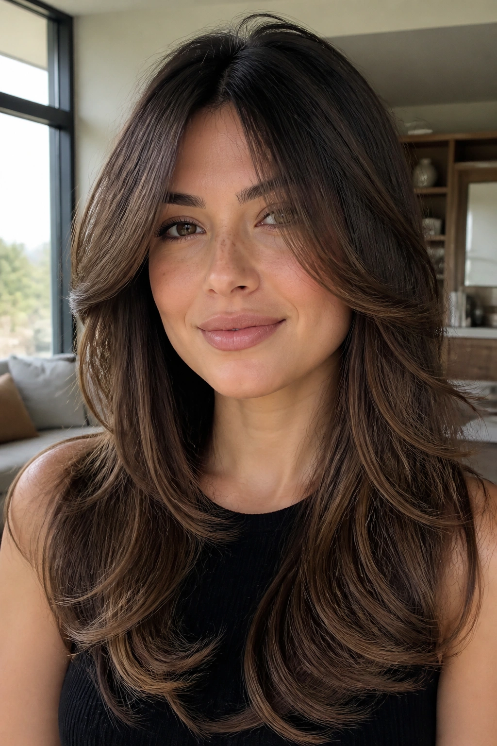 Close-up portrait of a real woman with butterfly layers adding lift while maintaining length