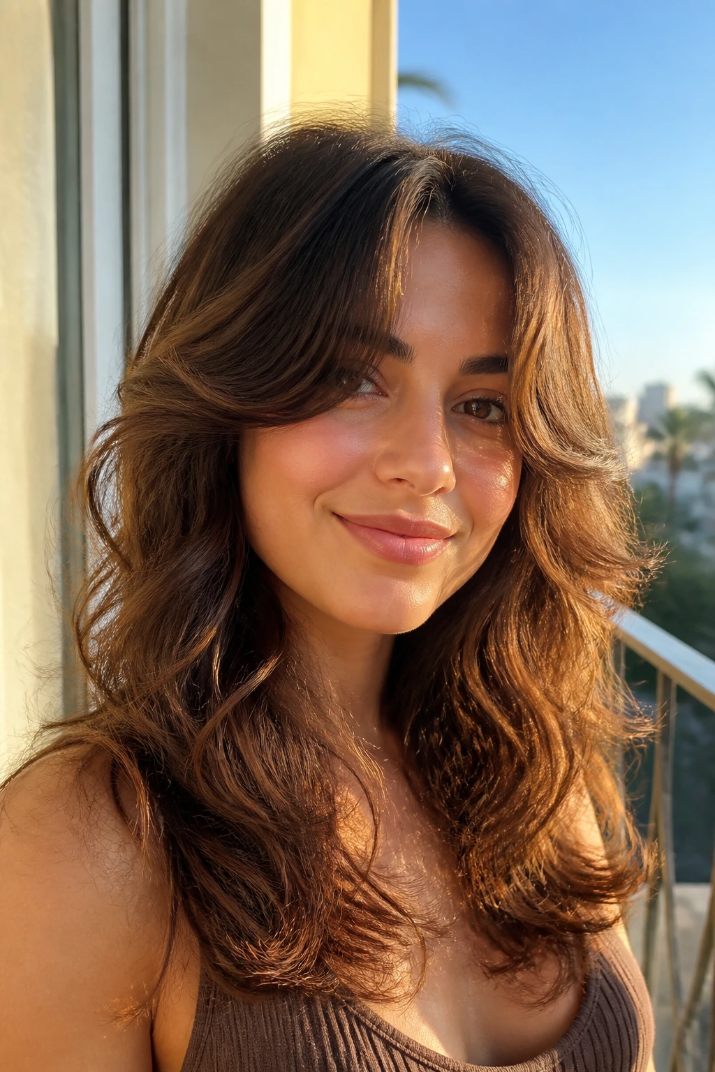 Close-up of a real woman with butterfly layers creating lift around the crown