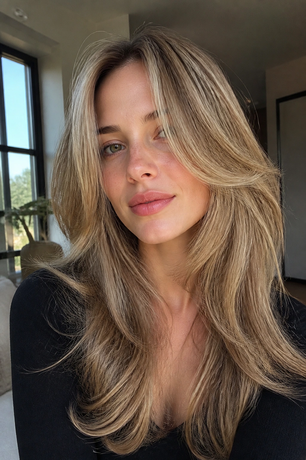 Close-up portrait of a real woman with butterfly layers in a sunlit room