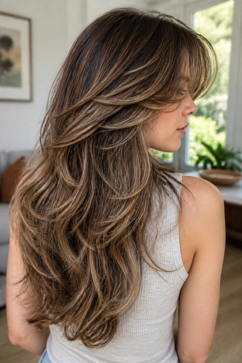 Real woman with long mid-back hair showing butterfly layers around crown.