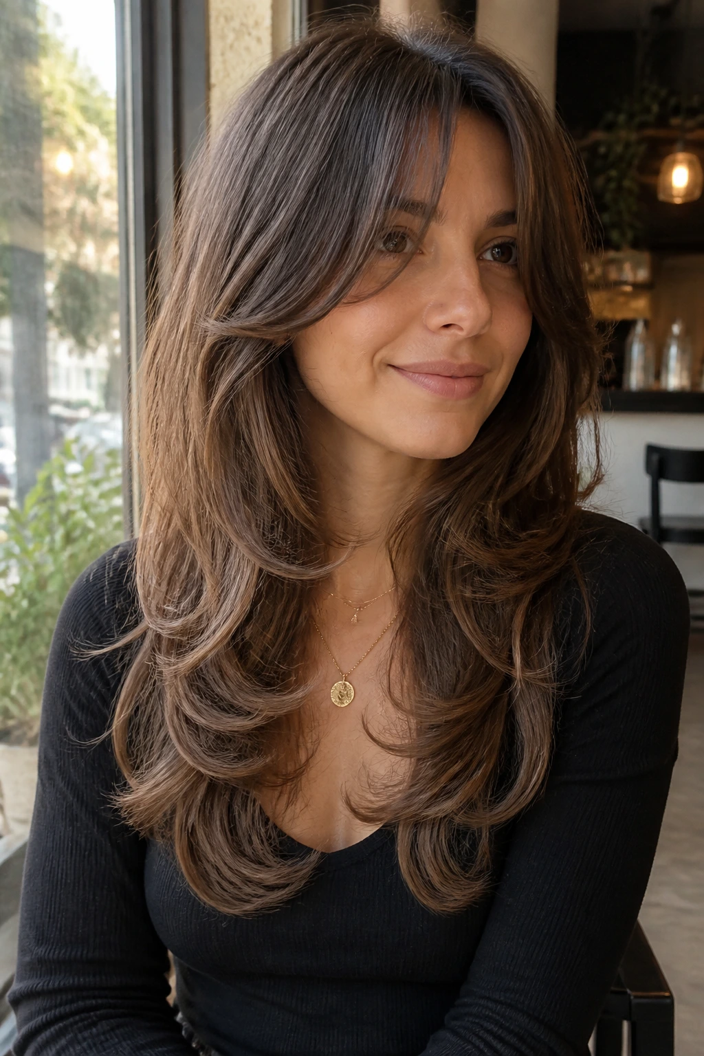 Medium close-up of a real woman with Butterfly French Layers showing feathered face-framing layers.