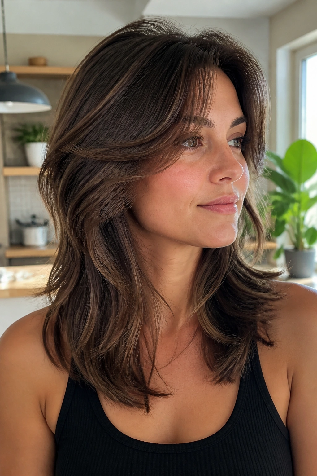 Portrait of a real woman with butterfly layers for medium length.