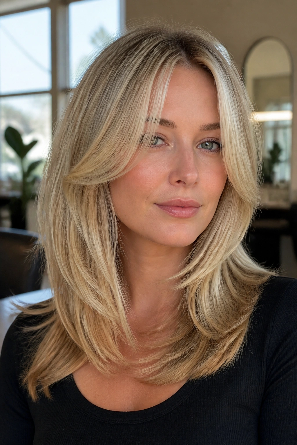 Real woman with butterfly layers and bright money pieces framing the face in a sunlit salon