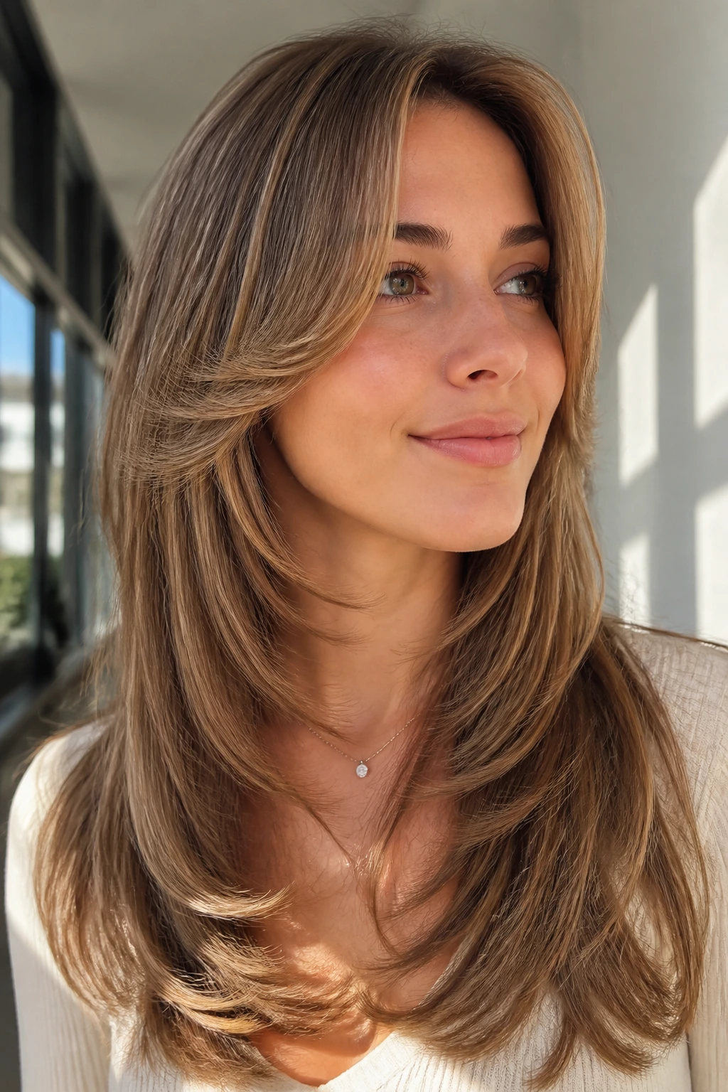 Portrait of a person with butterfly layers around the cheeks.
