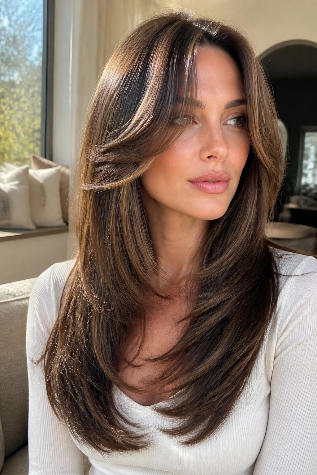 Real woman with butterfly layers framing the cheeks in a glossy blowout