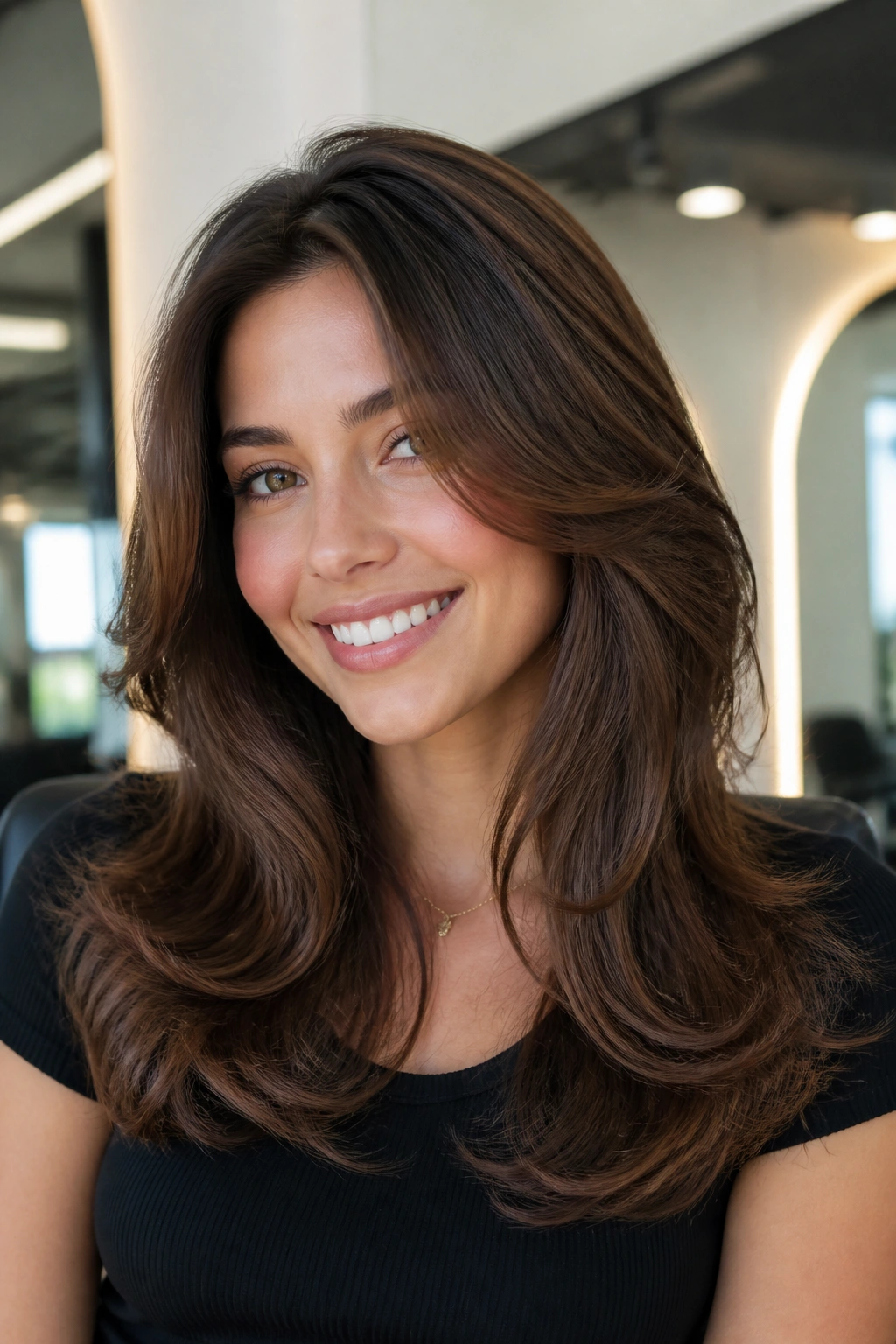 Close-up portrait of a real woman with butterfly layers and a soft blowout