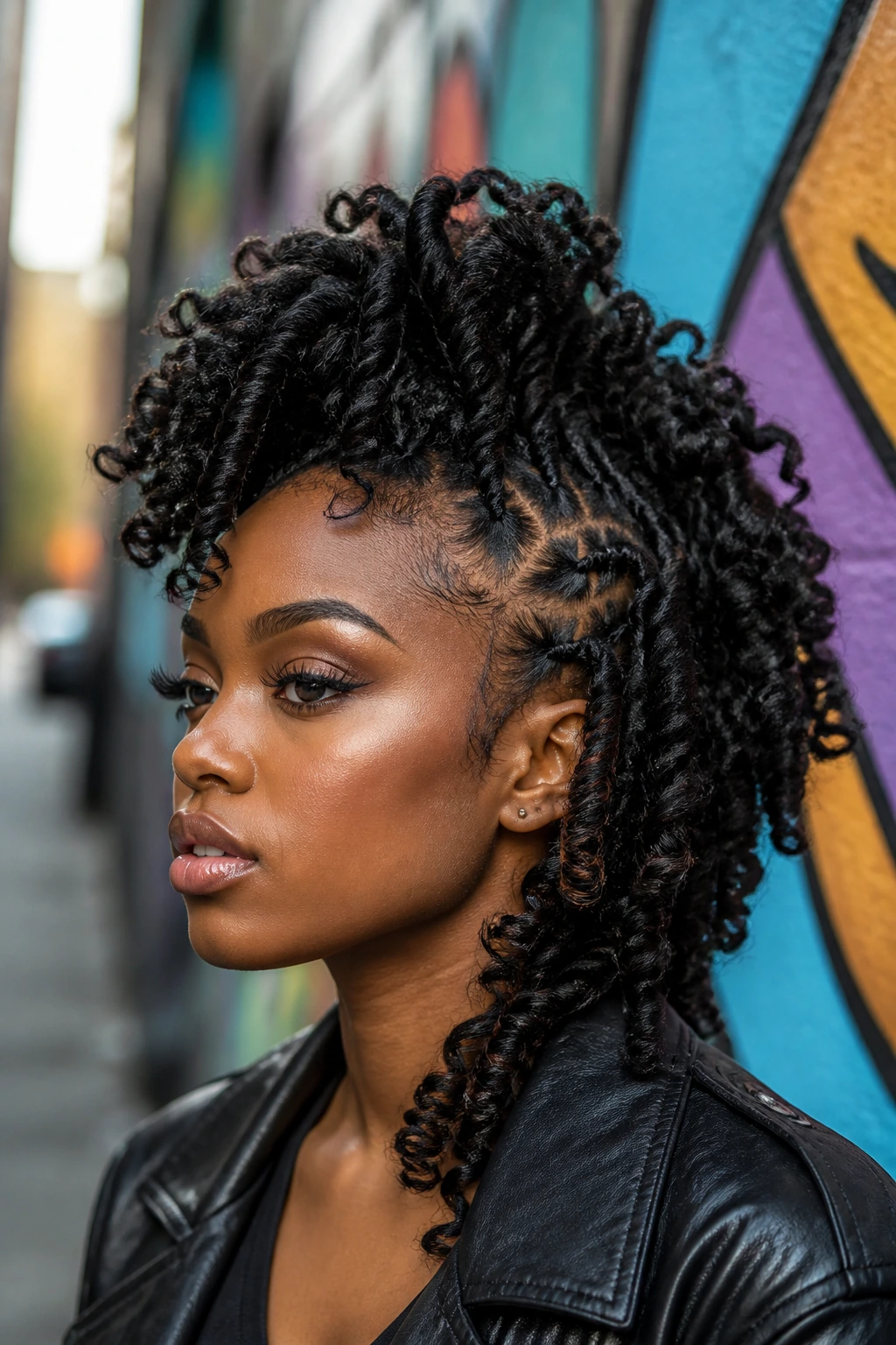 Close-up of woman with butterfly loc mohawk in urban setting