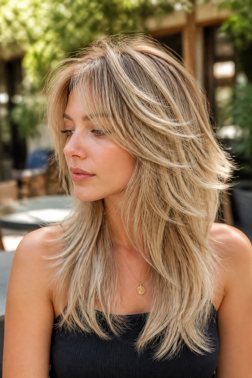 Close-up portrait of a real woman with butterfly shag and blonde ribbons in hair