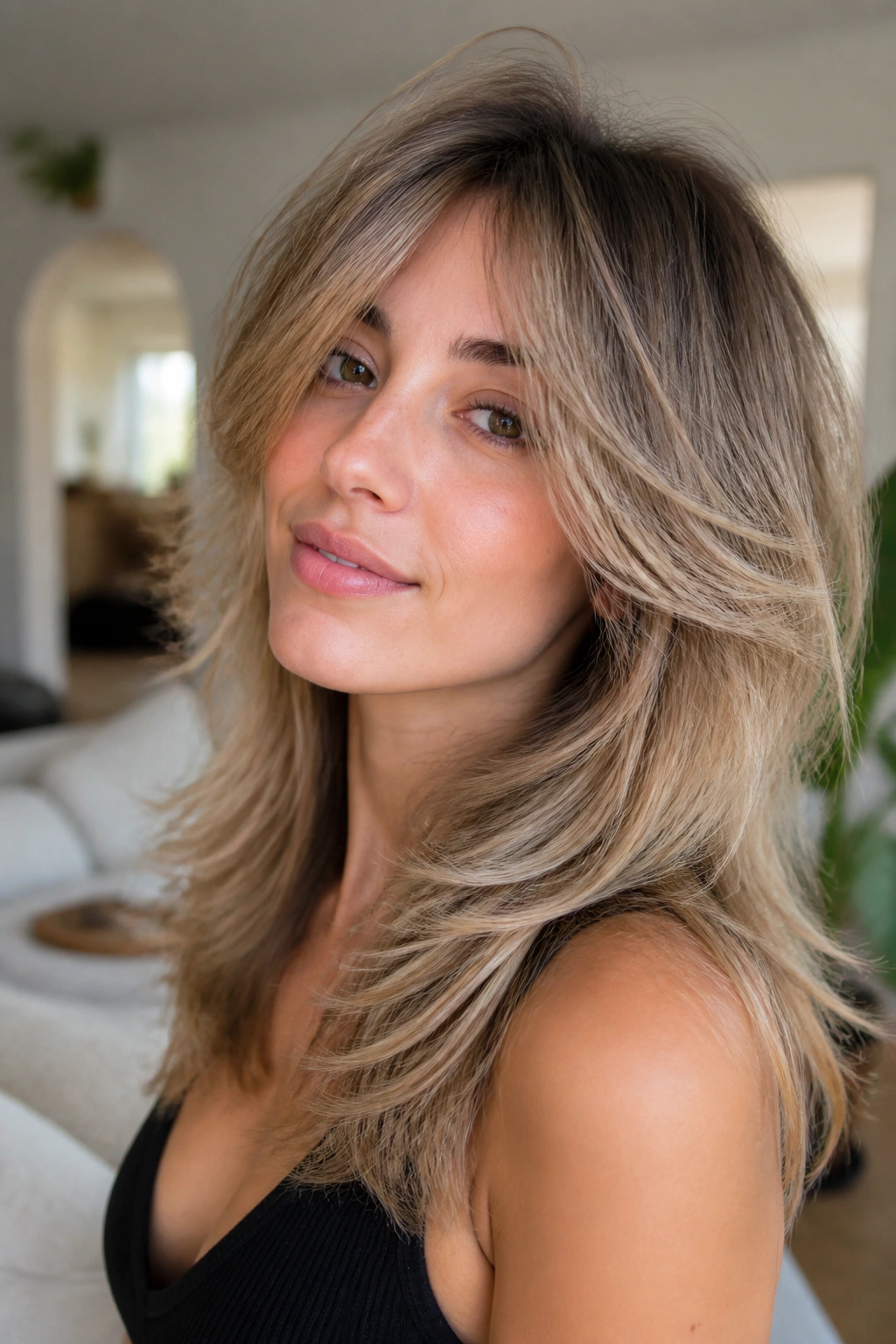 Close-up portrait of a real woman with butterfly shag hair lifted for volume