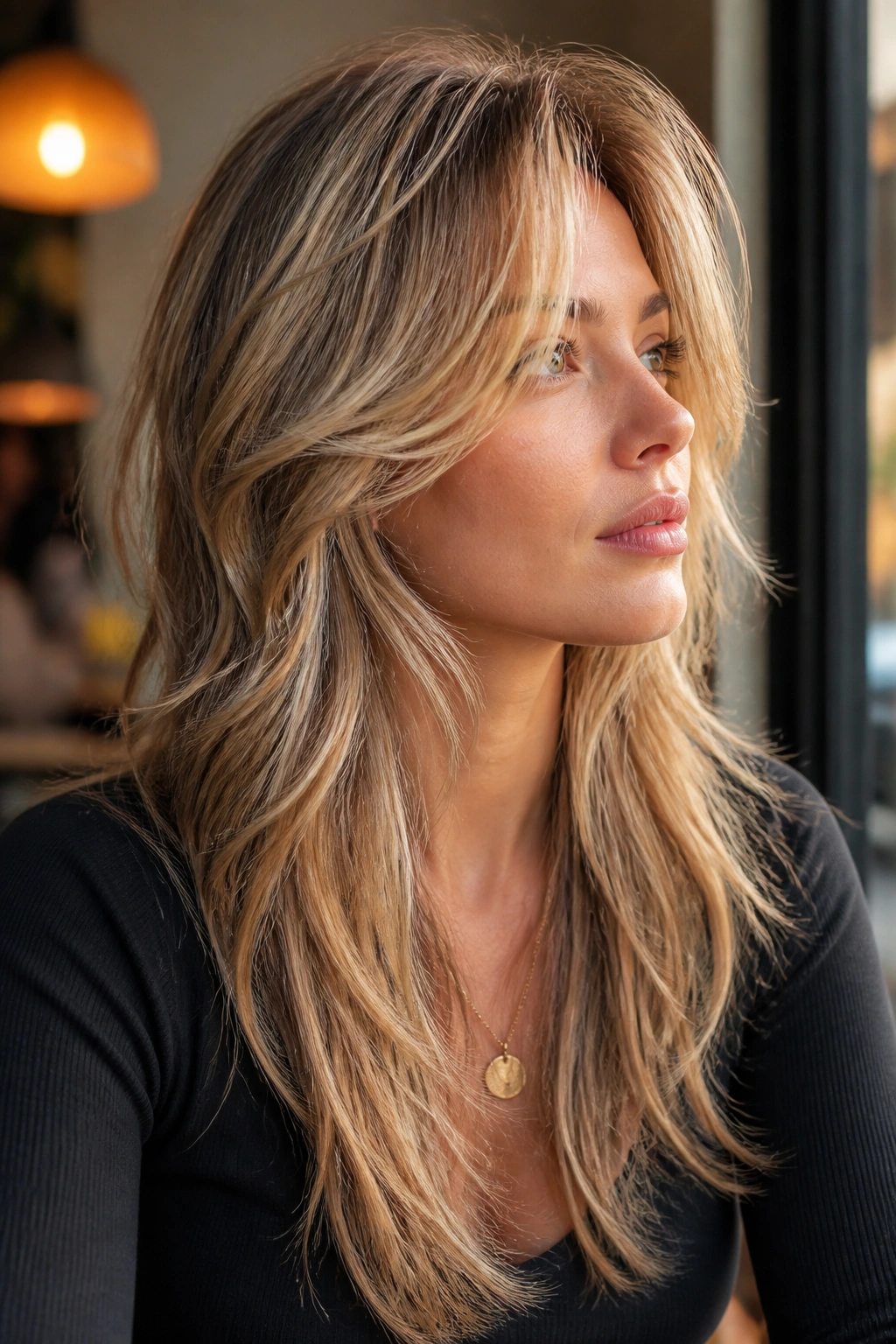 Portrait of a real woman with butterfly shag showing crown lift.
