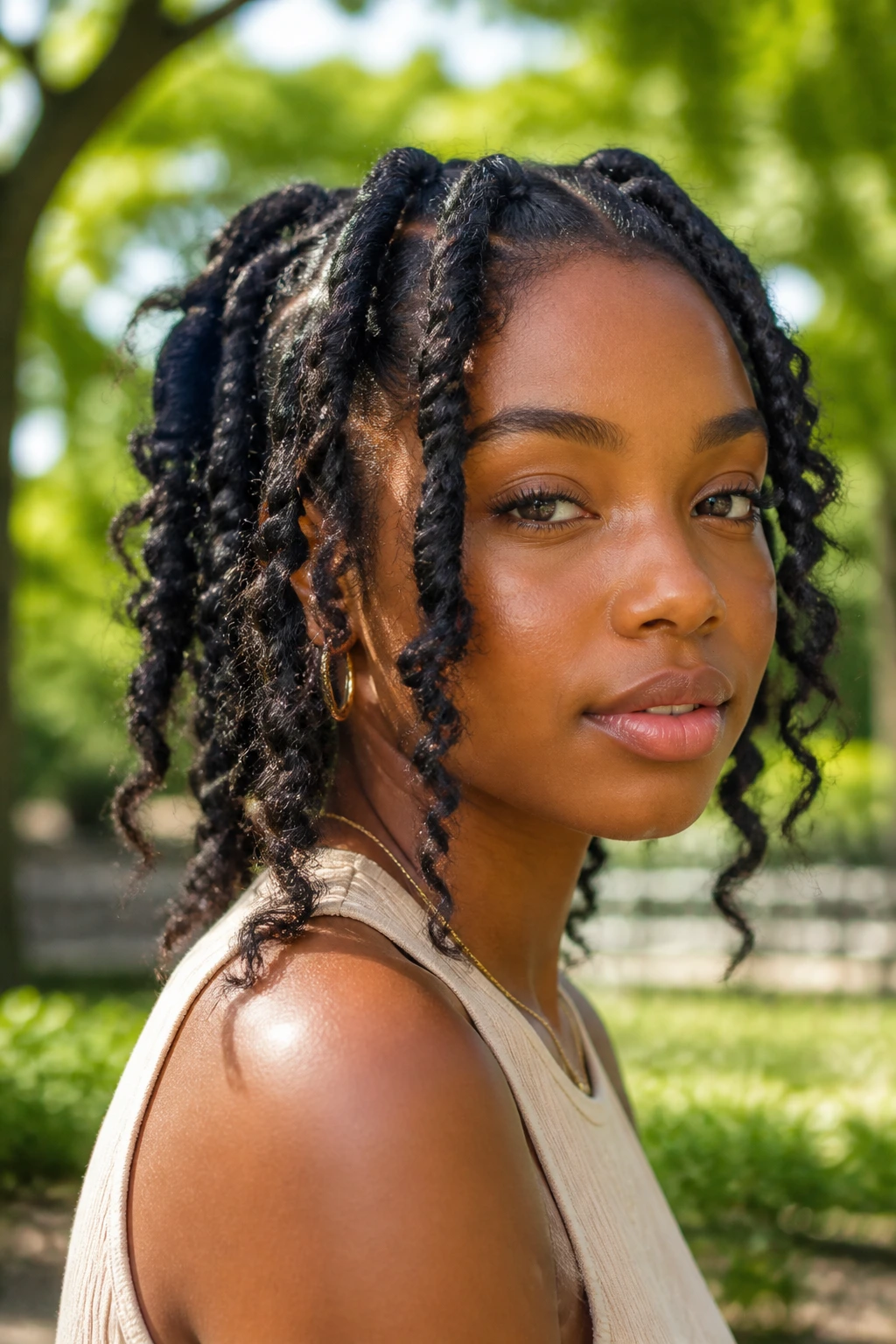 Close-up portrait of a real woman with butterfly twists in an outdoor park