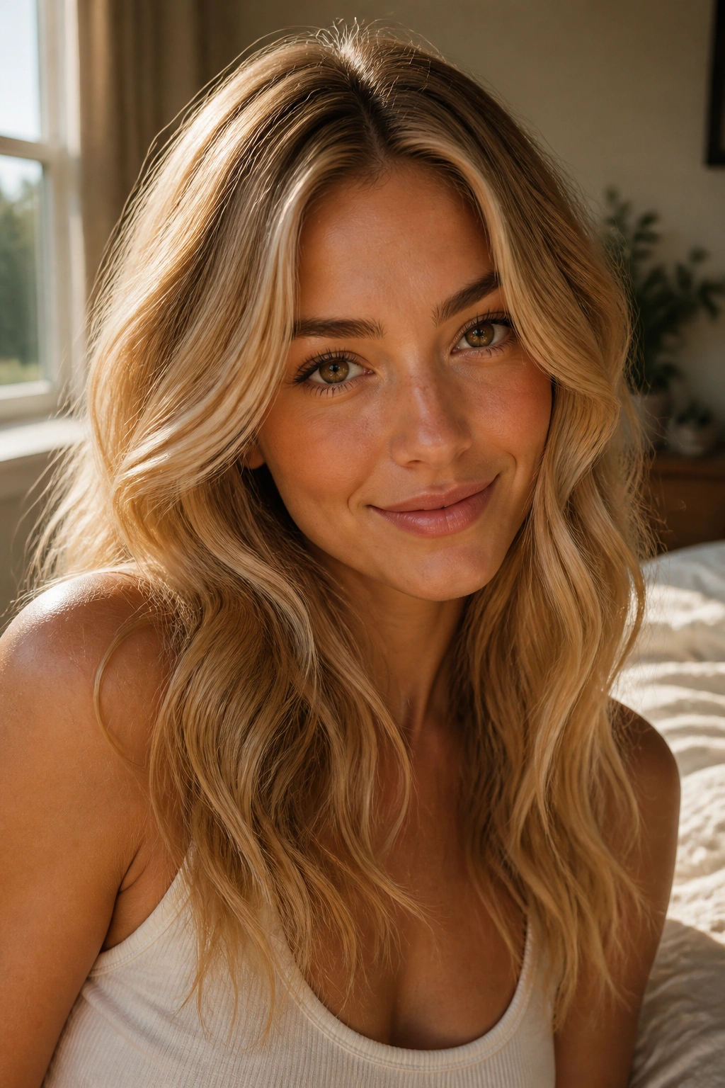 Close-up of a real woman with butterscotch blonde hair in soft waves, warm window light