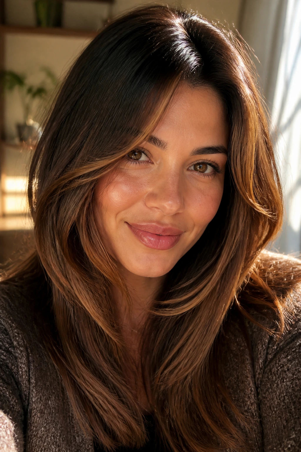 Brunette hair with butterscotch lowlights near face and ends