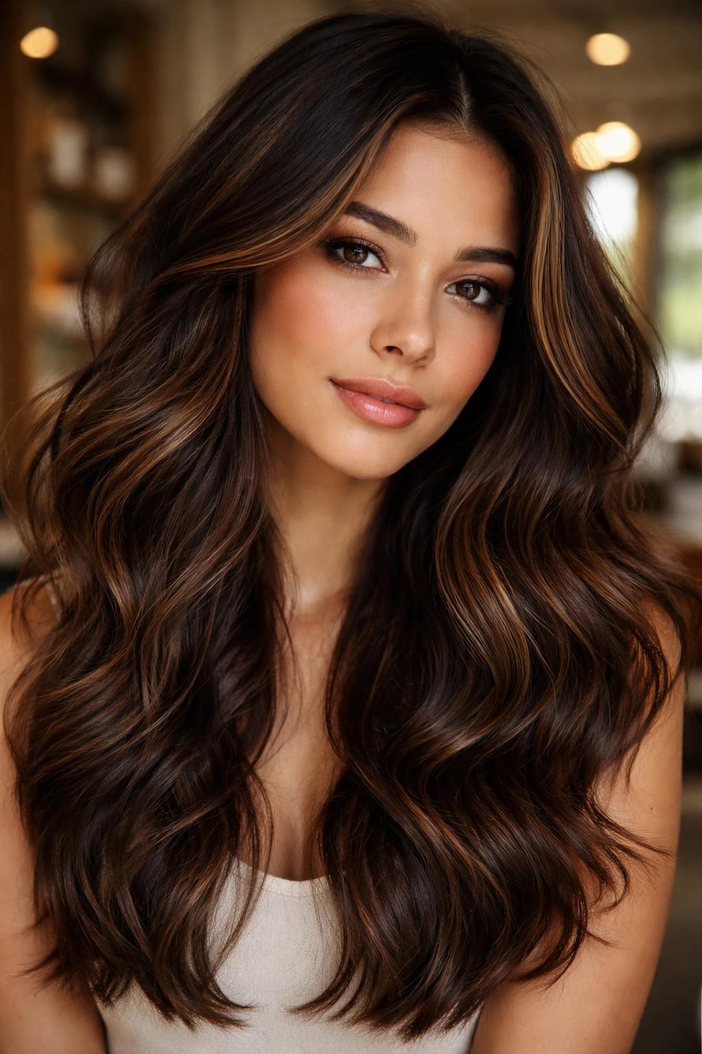 Brunette with soft butterscotch lowlights illuminated by natural light