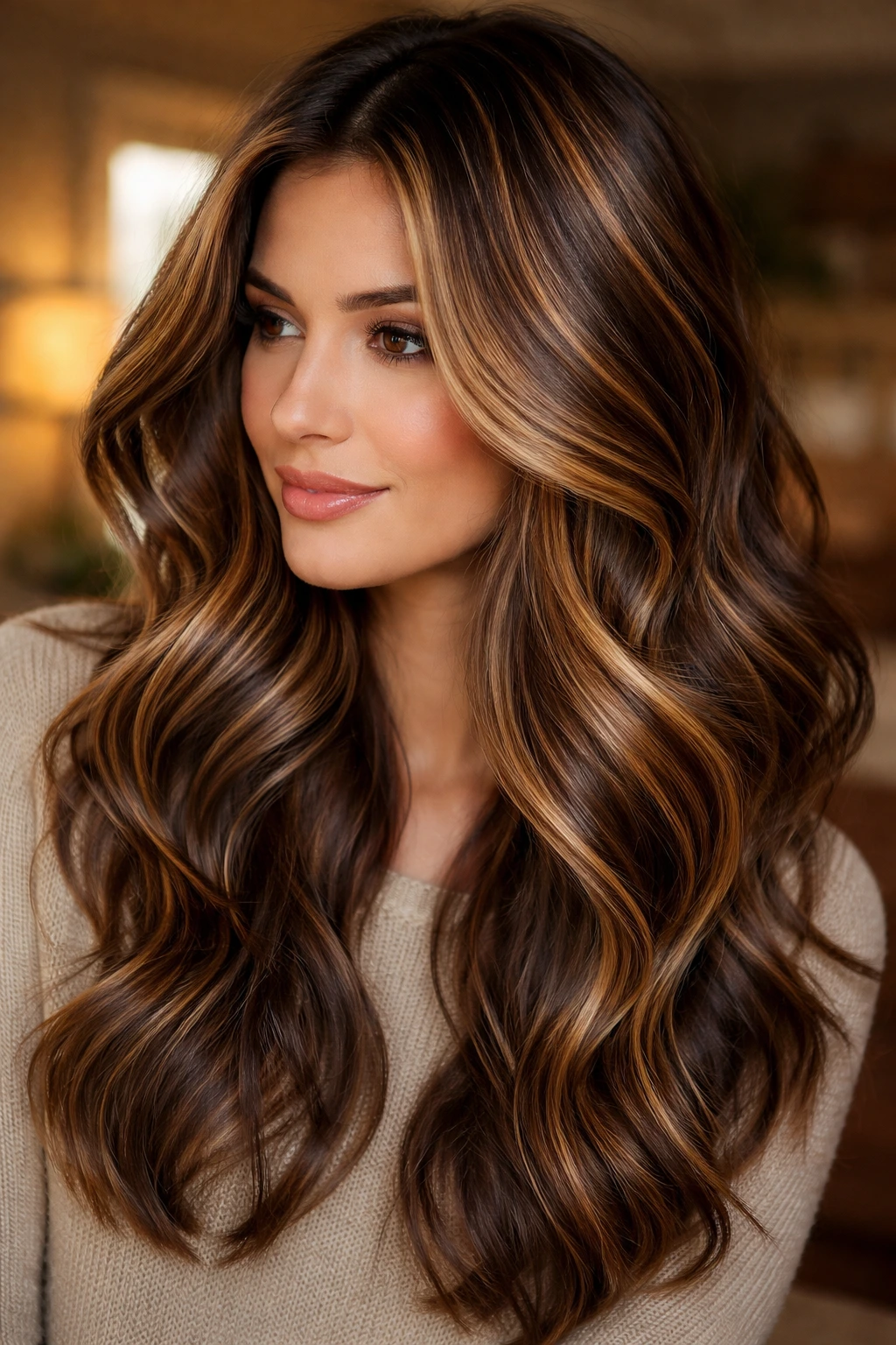 Close-up of butterscotch lowlights and caramel highlights on brown hair