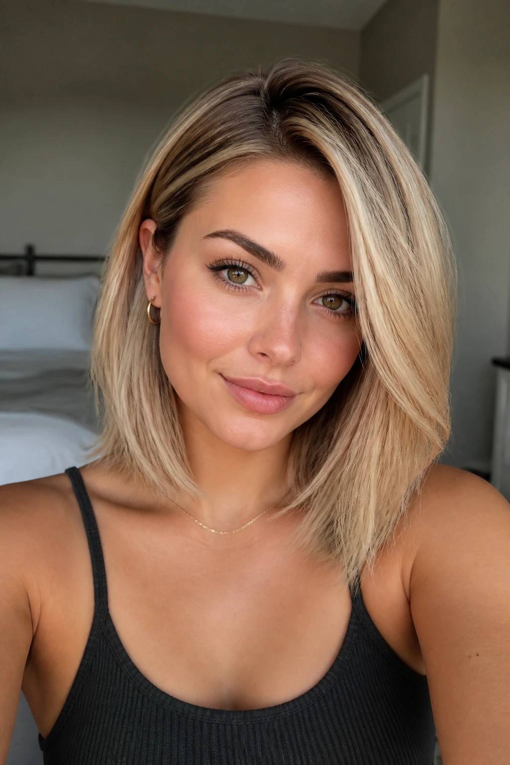 Close-up portrait of a real woman with a buttery beige blonde lob and side part