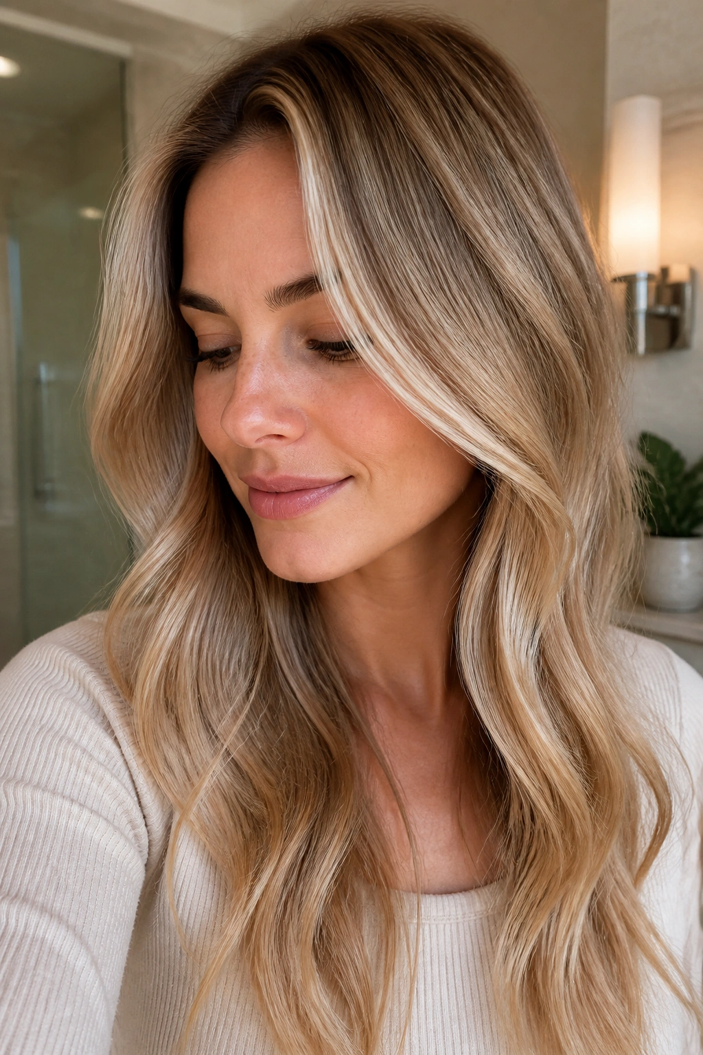Close-up of a woman with buttery beige foilayage creating vertical brightness