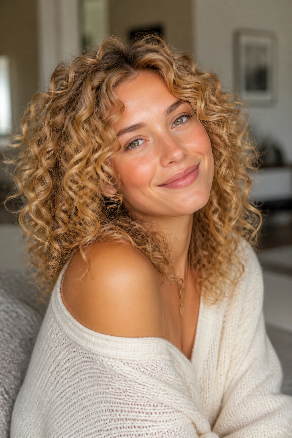 Close-up of soft ringlets in buttery beige blonde