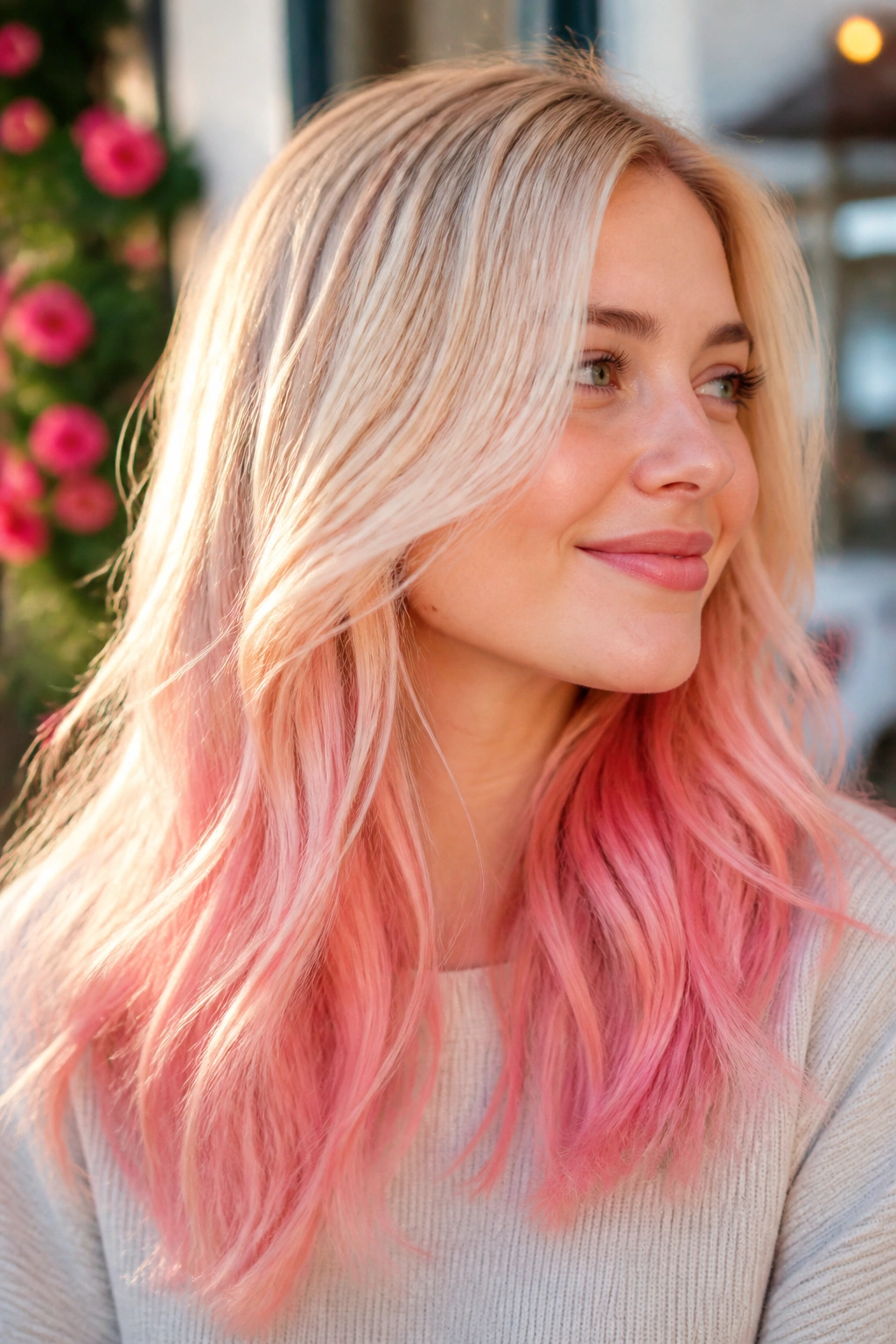 Portrait of a real woman with buttery blonde hair fading to cotton-candy pink ends in natural light