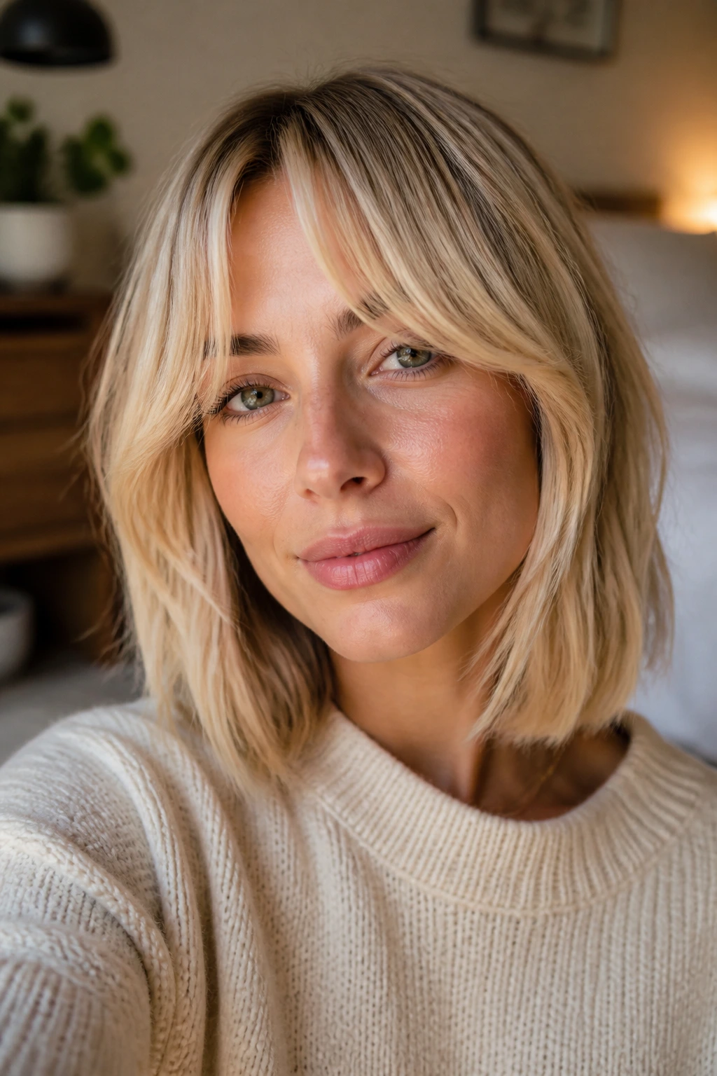 Close-up portrait of a real woman with a buttery blonde lob and airy curtain fringe, natural window light