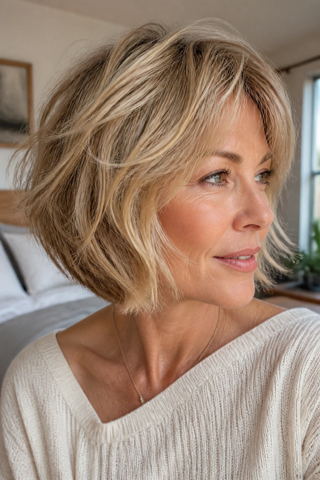 Real woman with shaggy bob showing buttery micro-highlights in morning light