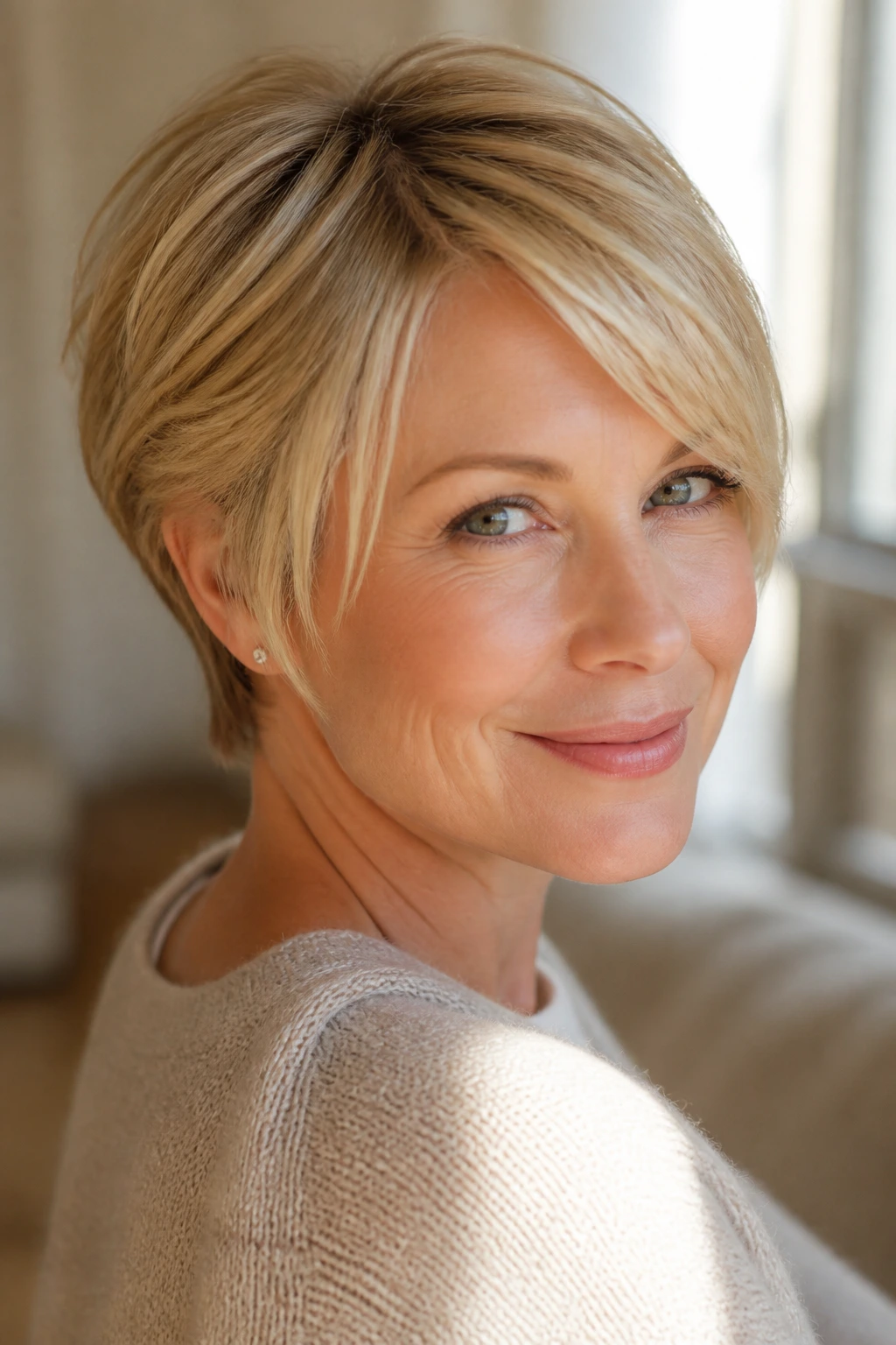 Portrait of a real woman with buttery blonde pixie and soft face framing.