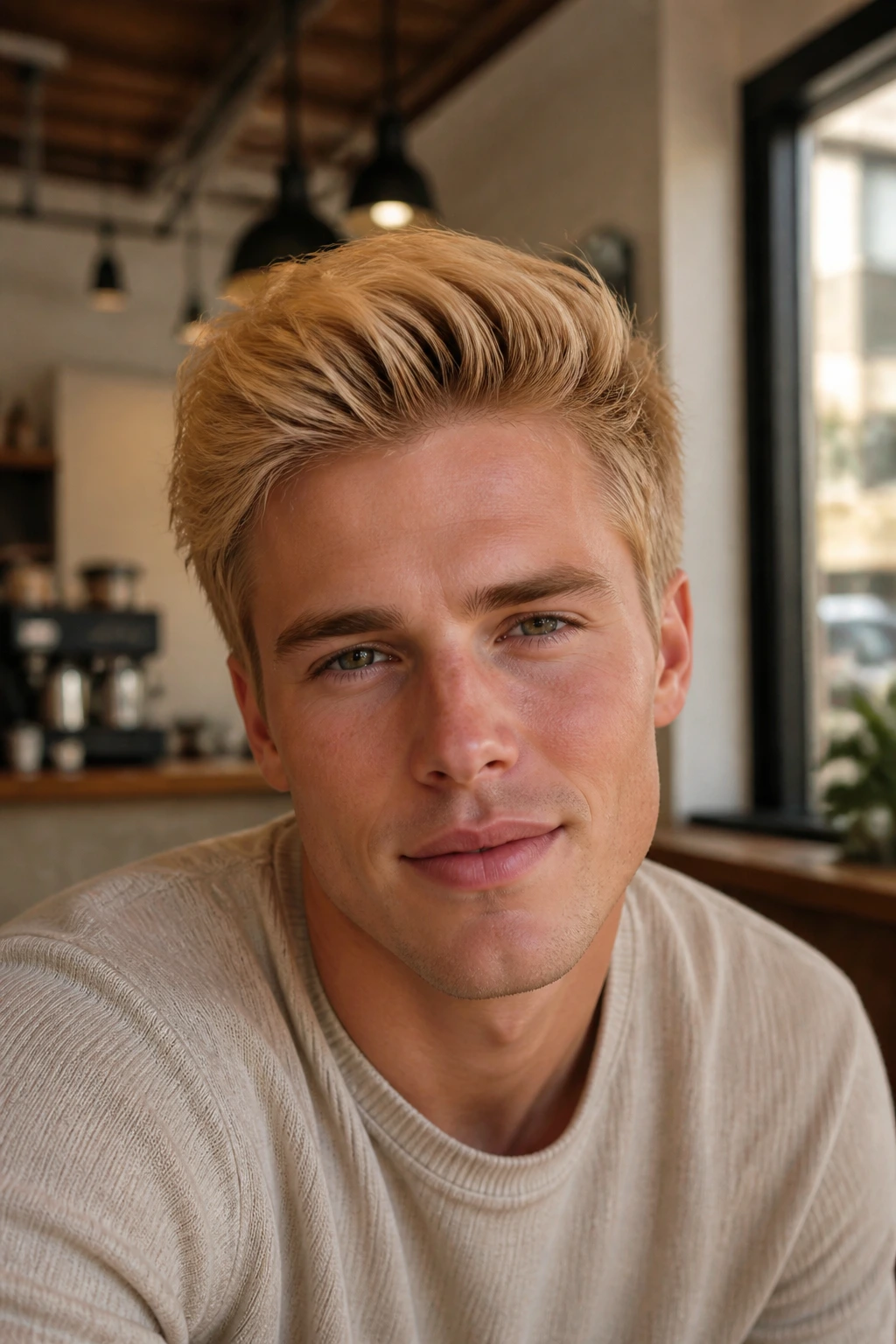 Close-up of a man with a buttery blonde quiff in a cafe setting.