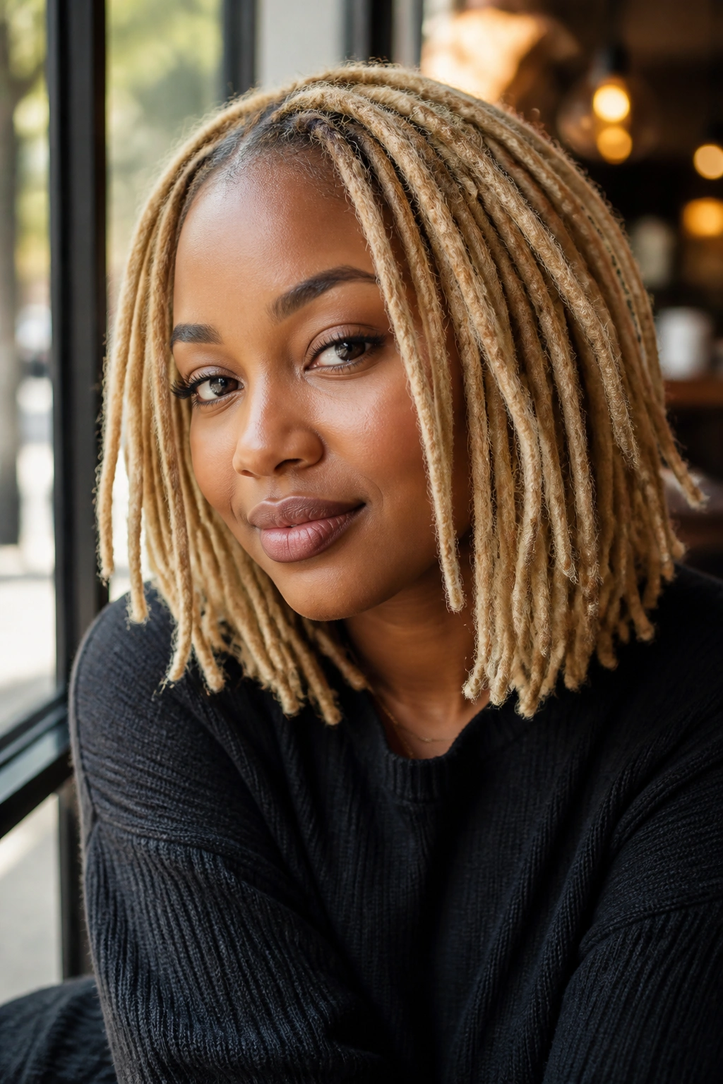 Portrait of a woman with shoulder-length buttery blonde locs in warm cafe light