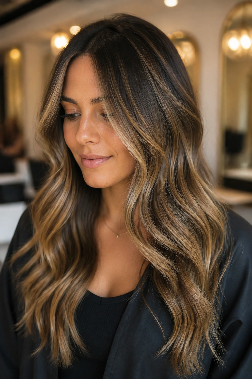 Close-up of a real woman with buttery blonde mid-length strokes on brunette hair in a salon