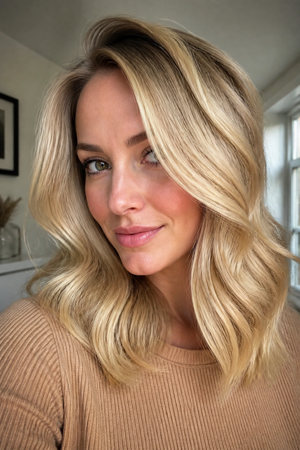Close-up of a real woman with buttery blonde blowout waves under natural window light.