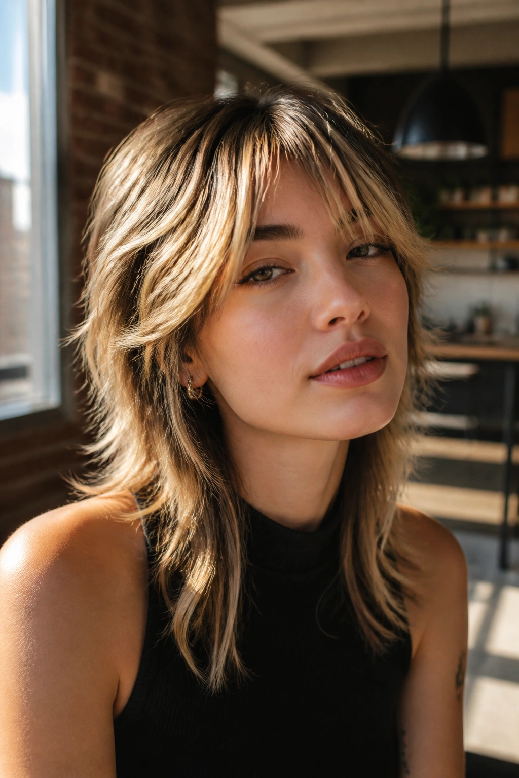 Real person with a wolf cut featuring buttery blonde on top in an urban setting