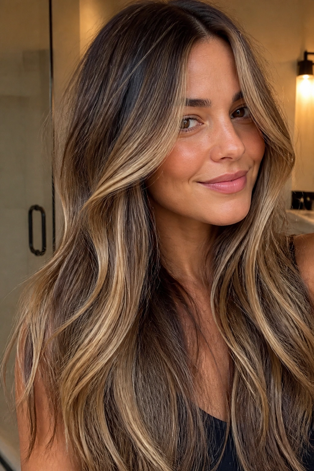 Close-up of a real woman with thick hair and buttery brown blonde balayage.