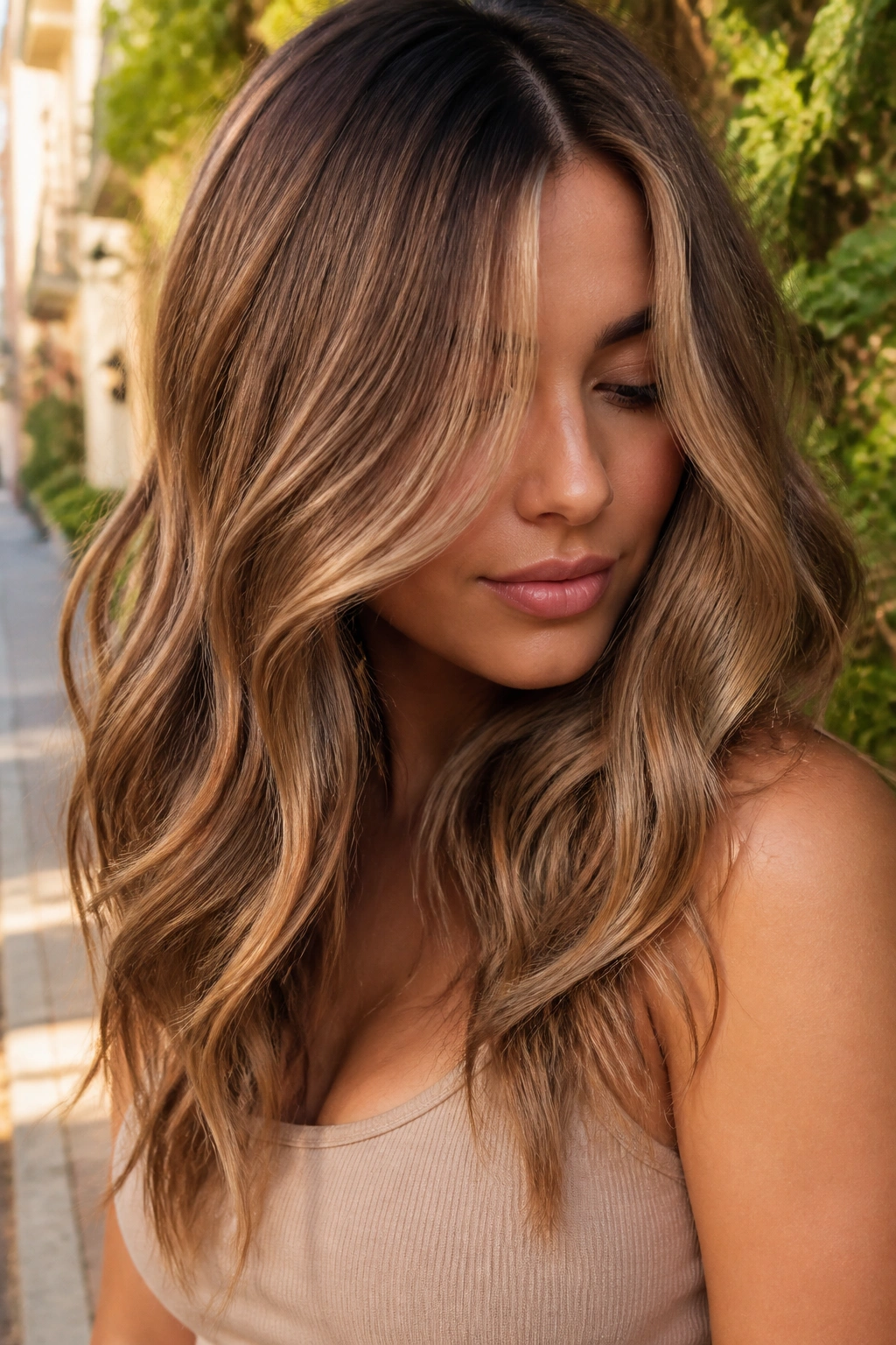Close-up portrait of a real woman with medium brown hair and buttery caramel highlights in loose waves