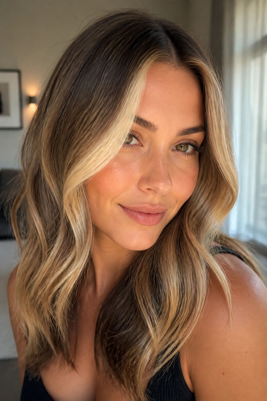Close-up portrait of a real woman with buttery face-framing blonde framing the face