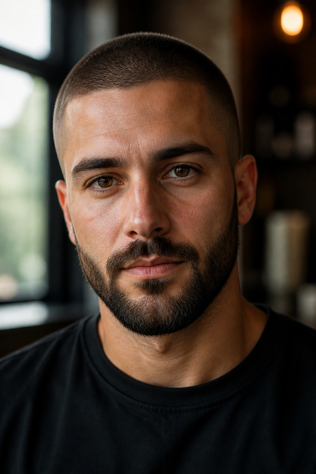 Close-up portrait of a real person with a buzz cut and a beard
