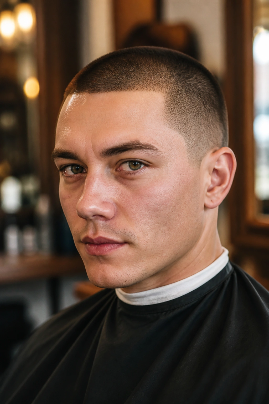 Close-up portrait of a real man with a buzz cut in a warm barbershop setting