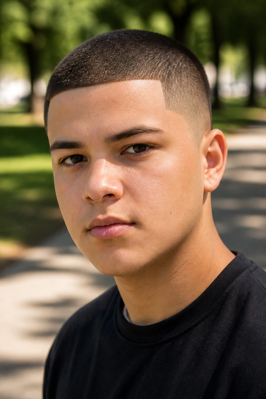 Real person close-up with crisp buzz cut and clean hairline in park