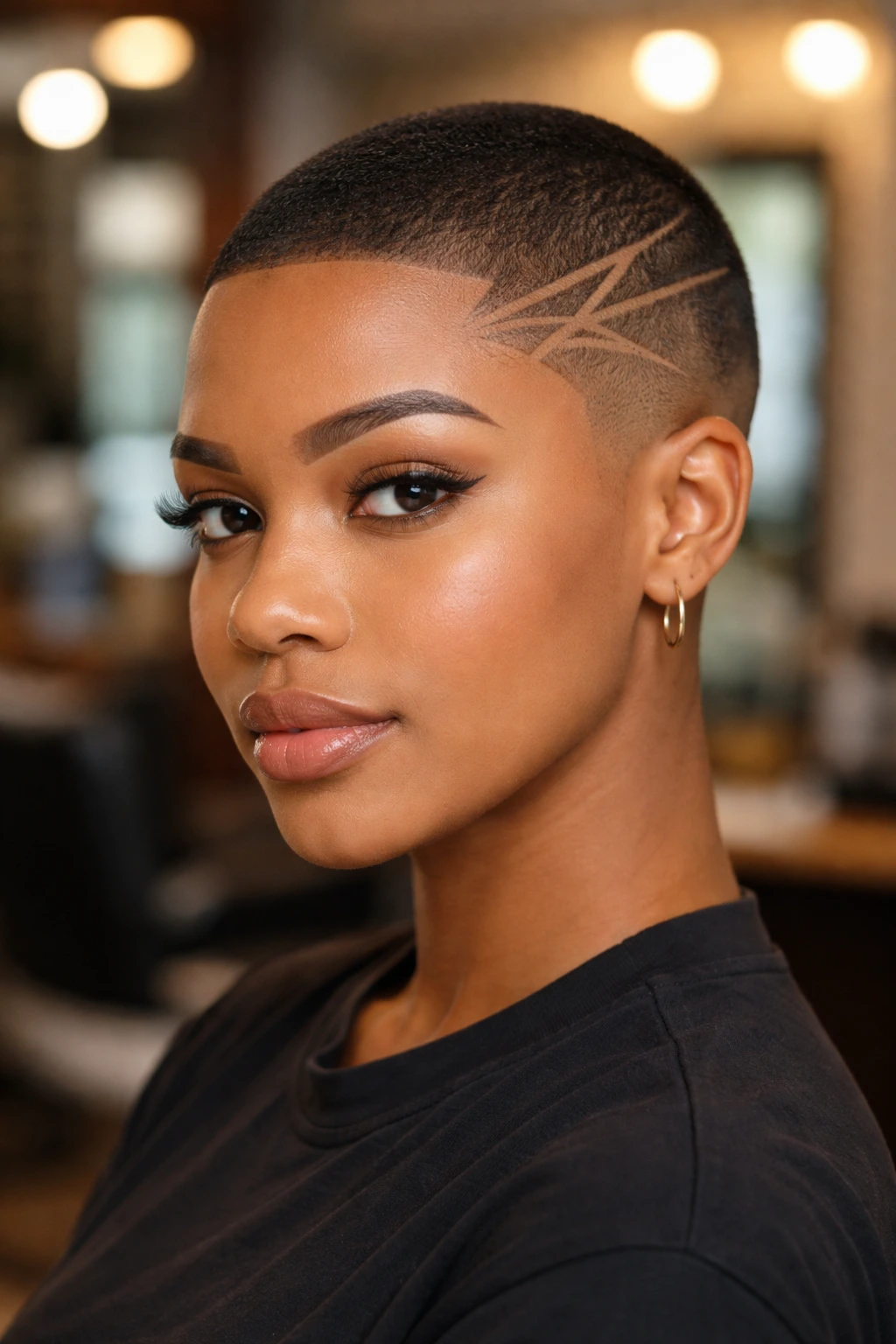 Close-up portrait of a person with a buzz cut and designs