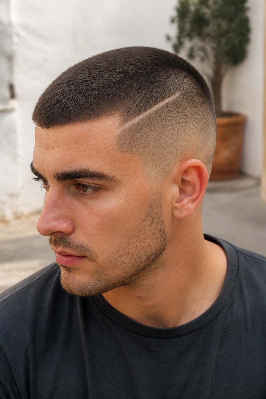 Close-up of a man with a buzz cut and diagonal line in an outdoor courtyard.