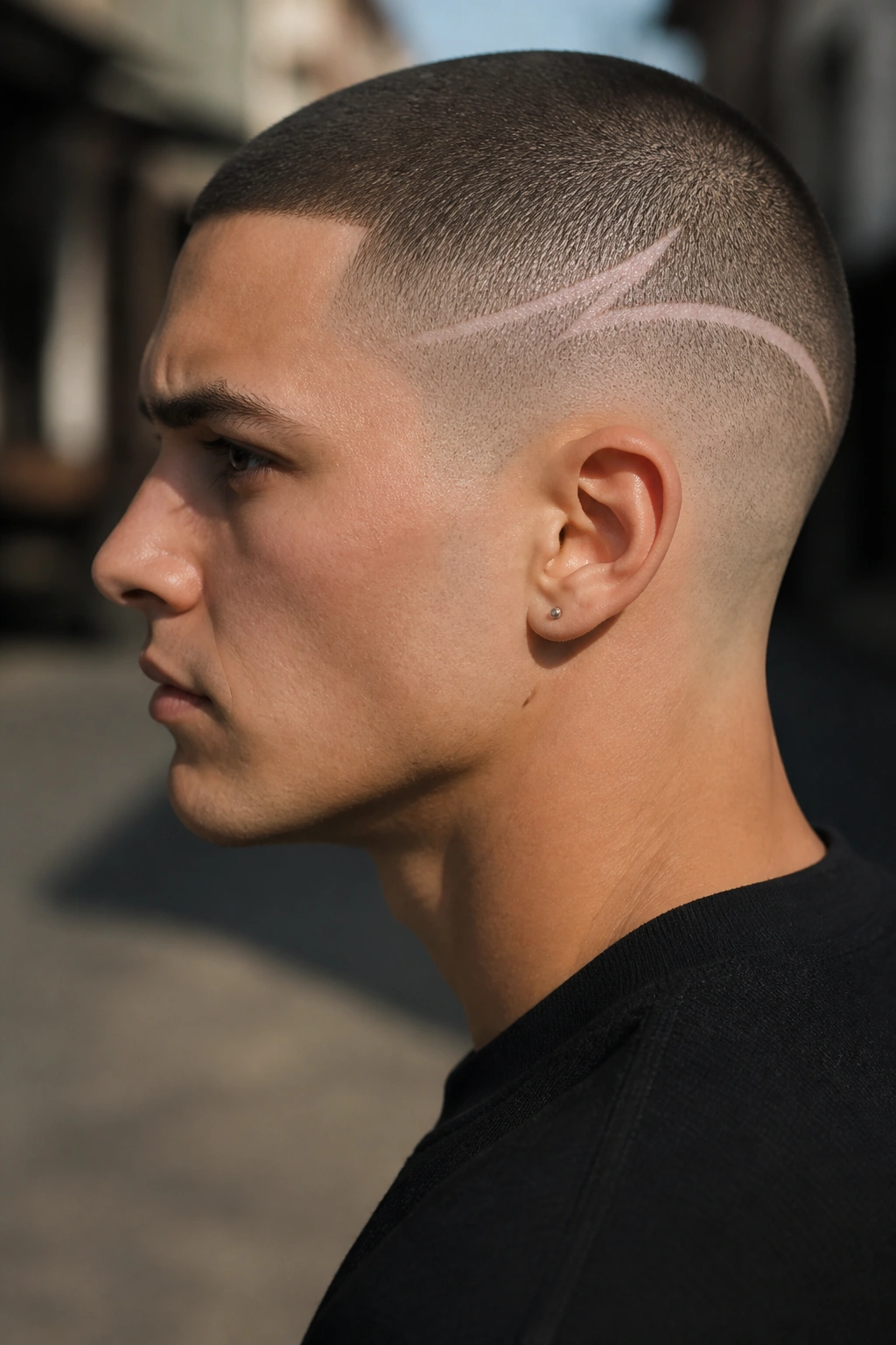 Real person with buzz cut and etched pattern