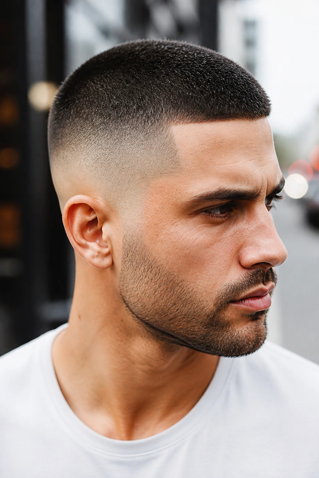 Close-up of a man with high-contrast buzz cut and fade showing top length and edge line