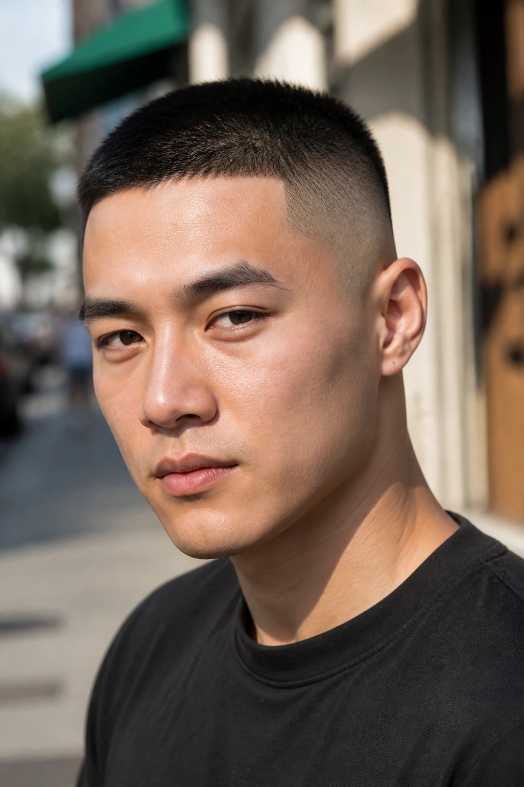 Close-up of real person with buzz cut and faded sides on city sidewalk
