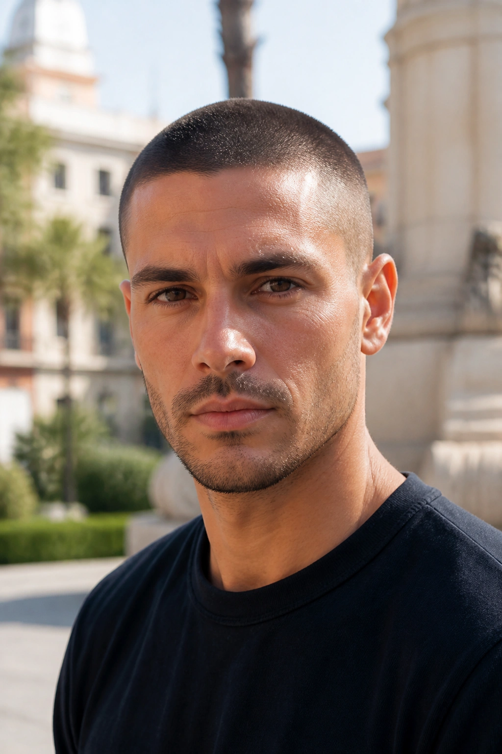 Close-up portrait of a man with a buzz cut and neat edges